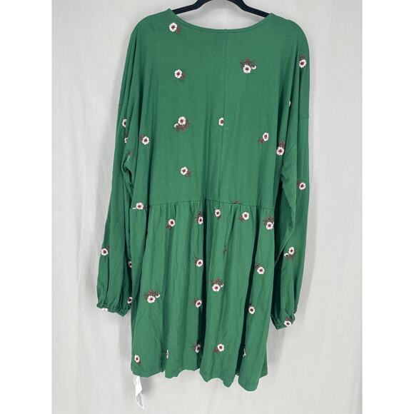 Asos Curve Dress Womens 18 Green Mini Tiered Floral Long Sleeve Embroidered Boho - Picture 3 of 7